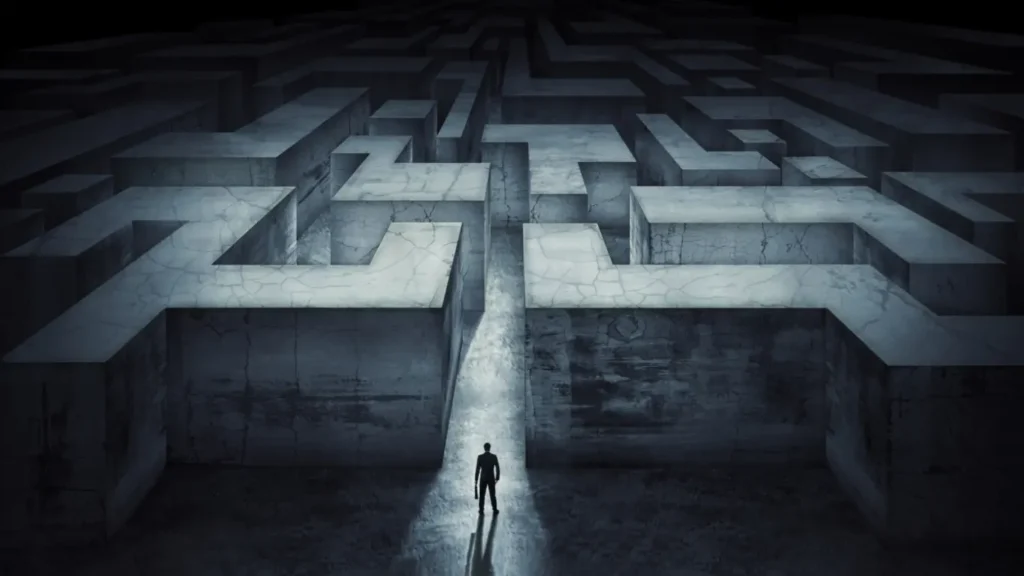 un homme face à un labyrinthe
